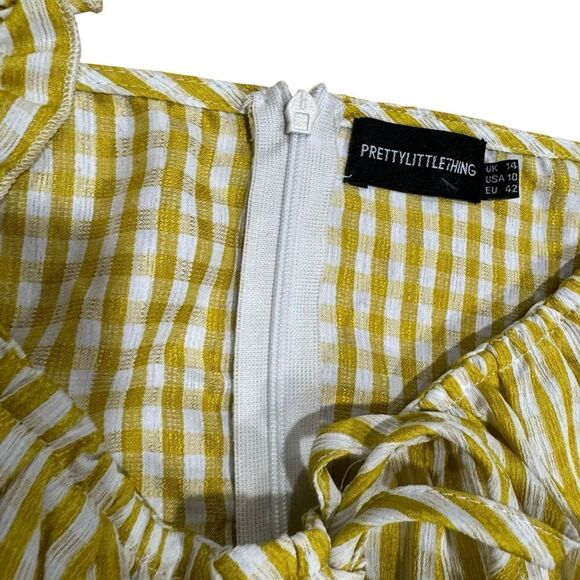 Prettylittlething Chartreuse Gingham Cut Out Ruched Bodycon Puff Sleeve Dress - Picture 8 of 8